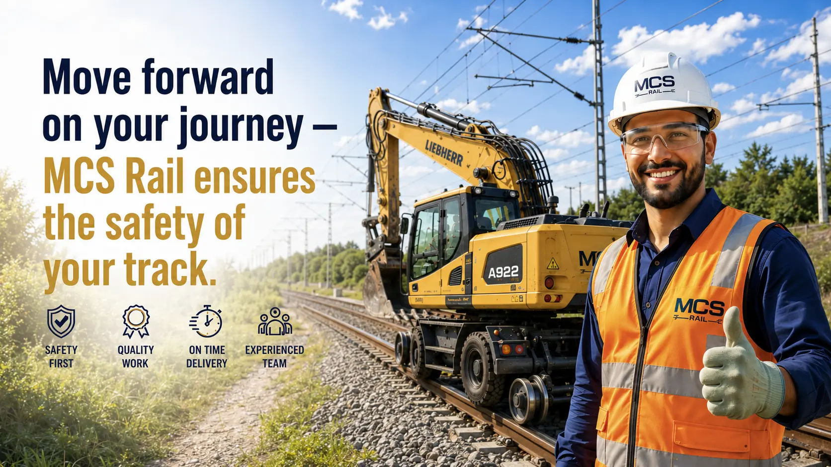 MCS Rail engineer giving a thumbs-up beside a Liebherr A922 railway excavator, with the message Move forward on your journey — MCS Rail ensures the safety of your track